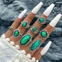 Green Geometric Opal Stone Finger Ring Set (8 pcs)
