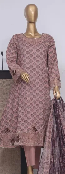Pakistani Original Bin Saeed luxury Stitched Cotton Embroidered Gown 3 Pcs _ Copper Brown 