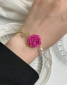Elegant Pink Rose Pearl Flower Bracelet 