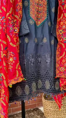 Pakistani Viscose Stitched 3pcs _ Zink Blue