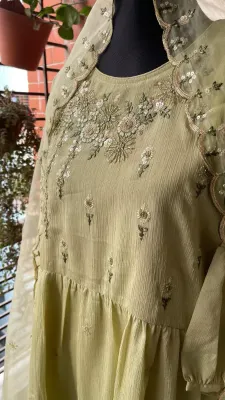 Original Delhi Boutique Chinon Silk Garara 3Pcs _ Ligth Green 