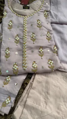Pakistani Handwork Chiffon Stitched 3Pcs _ Deep Beige