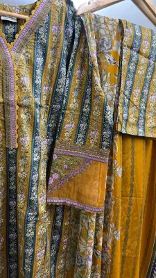 Pakistani Original Polawn Embroidered Stitched 3Pcs_Mustard 