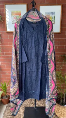 Pakistani Regalia Stitched Lawn 3pcs _ Navy Blue 
