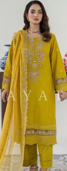 Pakistani Original Hayat Luxury Stitched Cotton 3 Pcs _ Mustard 