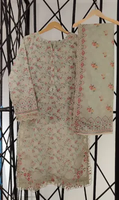 Pakistani Original Sadabahar Printed Cutwork Lawnkari 3Pcs _ Mint Beige 