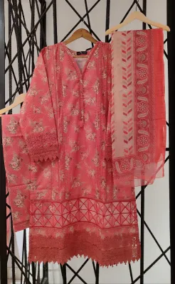 Pakistani Original Sadabahar Luxury Lawn Laceworok-Cutwork Stitched 3Pcs _ Coral Pink 