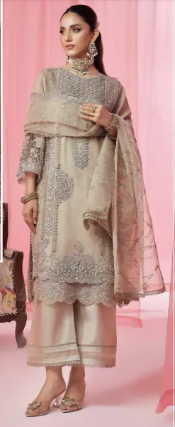 Pakistani Original Guzel Luxury Formal Organza Stitched 3Pcs _ Beige Gray 