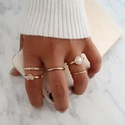 Crystal Heart Pearl Golden Finger Ring Set (5 pcs)