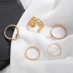 Golden Chain Design Pearl Butterfly Knuckle Rings (5 pcs)