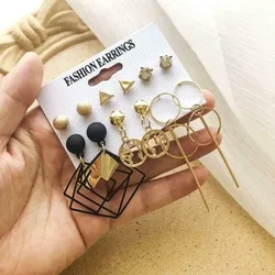 Trendy Black Square Golden Earrings Set (6 pairs)