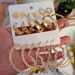 9 Pairs White And Golden Pearl Earring Set