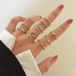Crystal Leaf Flower Moon Star Pearl Knuckle Ring Set (10 pcs)