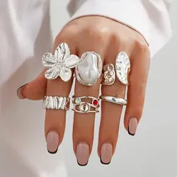 Flower Metal Golden & Silver Design Finger Ring ( 6 Pcs )