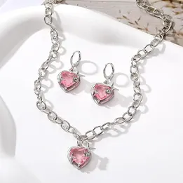 Trendy Pink Zircon Heart Water Drop Pendant Necklace for Women 