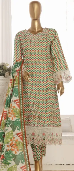 Pakistani Original Bin Saeed luxury Stitched Cotton Embroidered Gown 3 Pcs _ Off White & Multi 