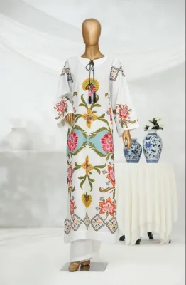 Amna Khadija Digital Printed Poly Swiss Cambric Stitched 2 Piece Suit - AKR-03 - AM25RTHM - White - Summer Collection