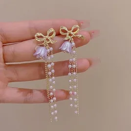 Purple Orchid Flower Pearl Decor Long Tassel Earring