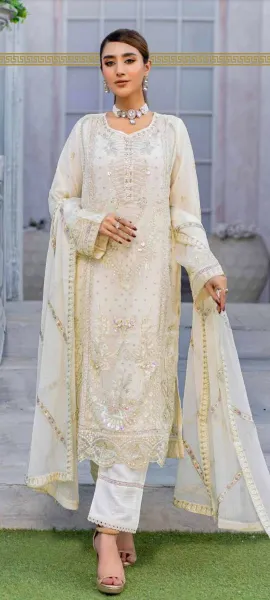 Pakistani Poshak Luxury Chiffon Stitched 3Pcs _ Off White 