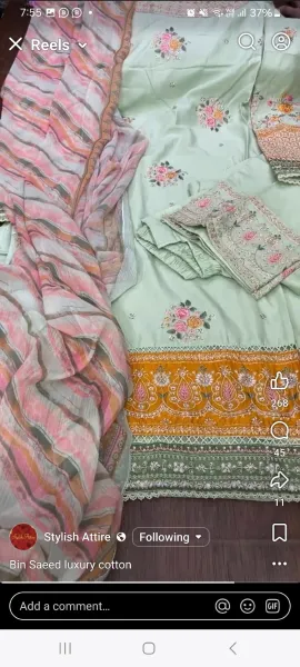 Pakistani Original Bin Saeed luxury Stitched Cotton Embroidered 3 Pcs _ Mint 
