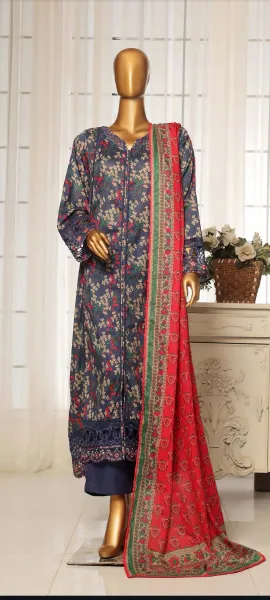 Pakistani Original sadabahar Festive Embroidered Lawn Stitched 3Pcs _ Navy Blue 