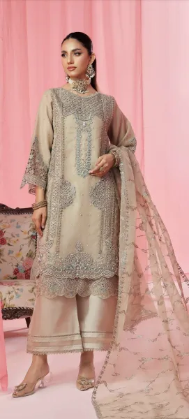 Pakistani Original Guzel Luxury Formal Organza Stitched 3Pcs _ Beige Gray 
