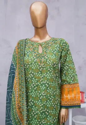 Pakistani Bin Saeed Cotton Stitched 3pcs _ Olive Green 