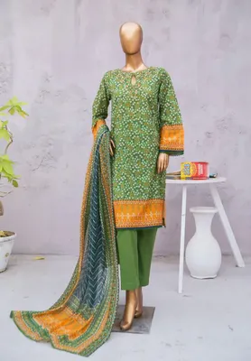 Pakistani Bin Saeed Cotton Stitched 3pcs _ Olive Green 