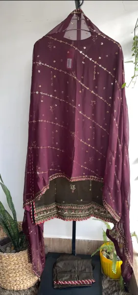 Pakistani Original Sadabahar Luxury Chiffon Stitched 3Pcs _ Dark Olive 