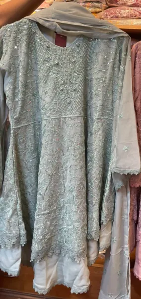 Pakistani Original Rangoon Stitched Chiffon frock 3 Pcs _ Mint 