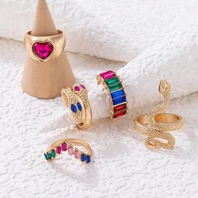 Multicolor Stone Heart Snake Ring Set For Women (5 pcs)