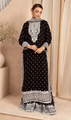 Pakistani Original Rangoon Luxury Chiffon Long Garara Stitched 3 Pcs _ Black 