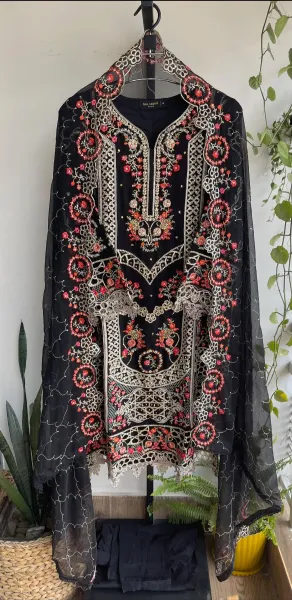 Pakistani Original Bin Saeed Luxury Chiffon stitched 3 Pcs _ Black 