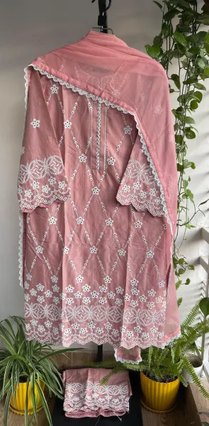 Pakistani Original Hayat’s Embroidered Stitched Cotton 3Pcs _ Pink 