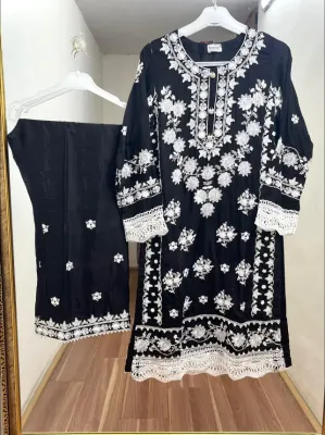 Pakistani Cotton Silk Embroidered Stitched 2Pcs _ Black 