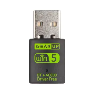 GearUp 600Mbps Dual Band WiFi + Bluetooth Adapter For PC/Laptop- (CD Free Version, WiFi Hotspot Supported, 2.4GHz + 5GHz)