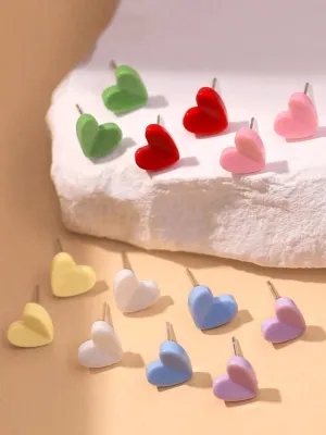 7 Pair Colourful  Love Shape Stud Earrings Set (1 Pata) 