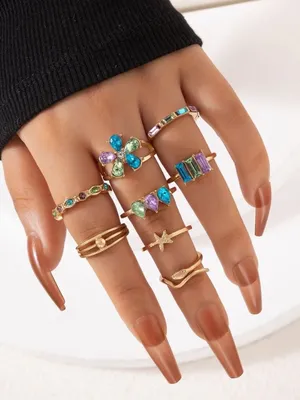 Multi Design Colorful Geometric Shape Finger Ring (8 pcs)