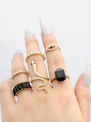 6 Pcs Black Stone Work Snake Finger Ring Set 