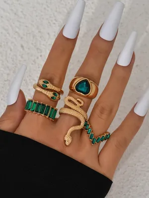 Snake & Heart Stylish Rhinestone Finger Rings Set (5 pcs)
