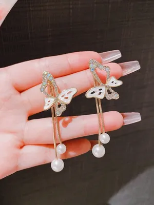 Simple Butterfly Tassel Rhinestone Pearl Earring 