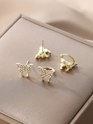 Tiny Crystal Butterfly Cuff Stud Earrings (2 Pair)