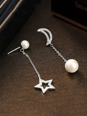 Moon and Star Pearl Stone Design Drop Earring