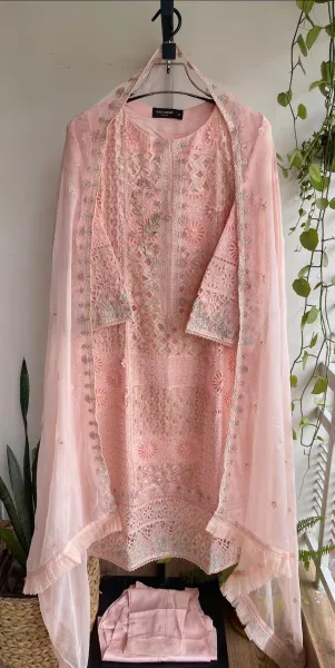 Pakistani Original Bin Saeed Luxury Chiffon stitched 3 Pcs _ Peachy Pink 