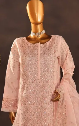 Pakistani Original HZ Luxury Formal Organza Stitched 3 Pcs _ Pink 