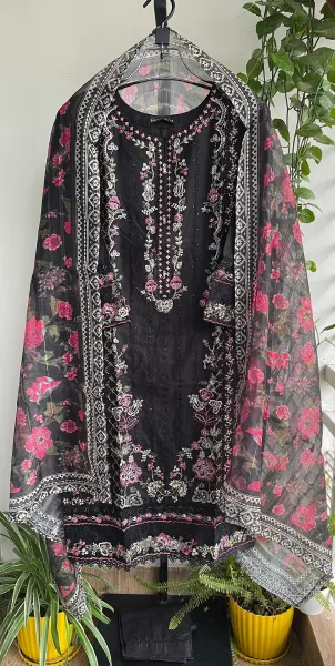 Pakistani Original Hayat’s Embroidered Stitched Cotton 3Pcs _ Black 