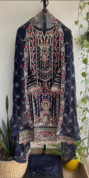 Pakistani Original Bin Saeed Luxury Chiffon stitched 3 Pcs _ Navy Blue 