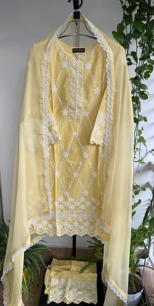 Pakistani Original Hayat’s Embroidered Stitched Cotton 3Pcs _ Yellow 