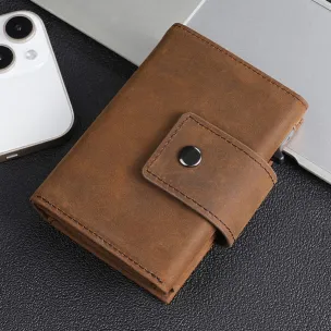 Crazy Horse Genuine Leather RFID Metal Box Pop-Up Card Holder Wallet