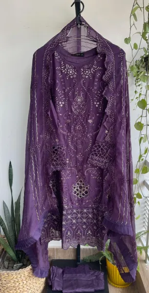 Pakistani Original Bin Saeed Luxury Chiffon stitched 3 Pcs _ Deep  Purple 